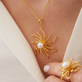 Pearl Sun Molten Dripping Sunburst Sterling Silver Complete Set Ring Necklace and Earrings